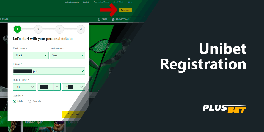 Registration form for new players at Unibet site