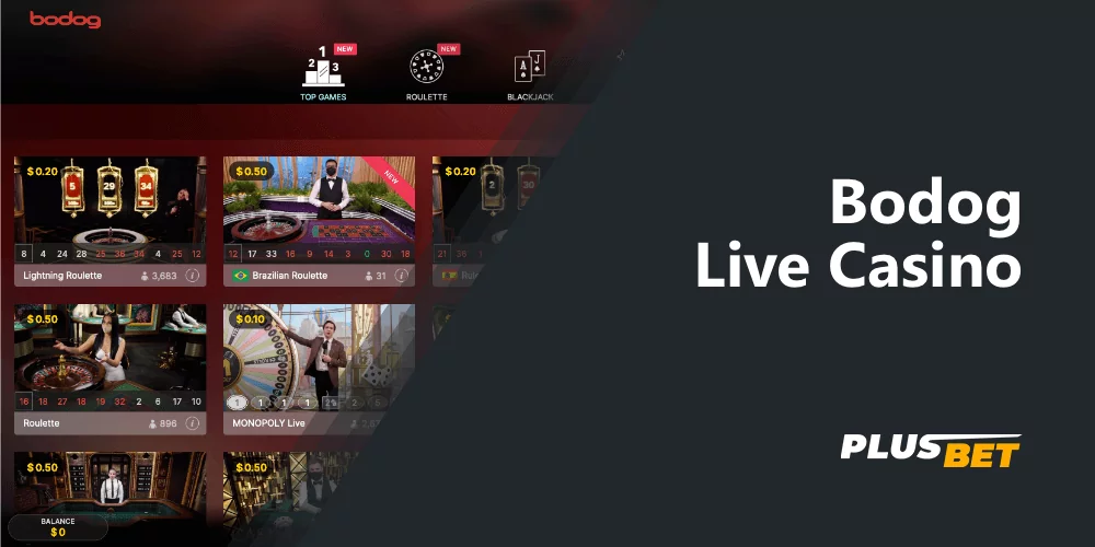 Roulette, Blackjack and other gambling games are available to players in a special section of the Live Casino on the Bodog website