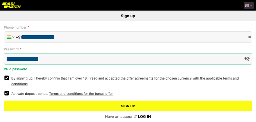 Parimatch registration: the third step. Fill in all the required fields