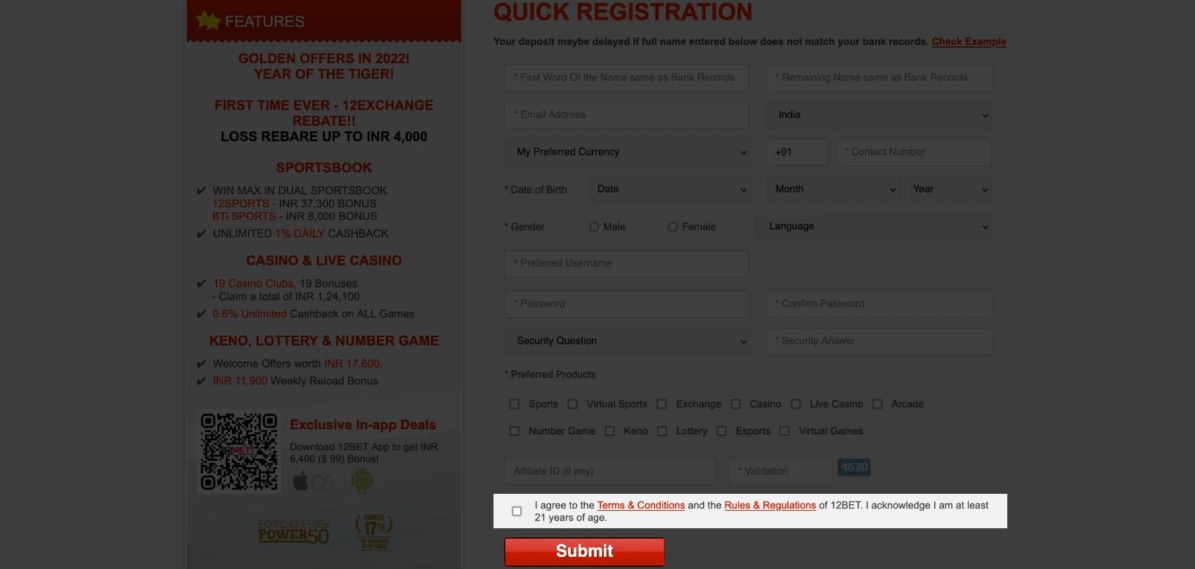 To finish registration in 12bet agree to all terms and conditions and click the button