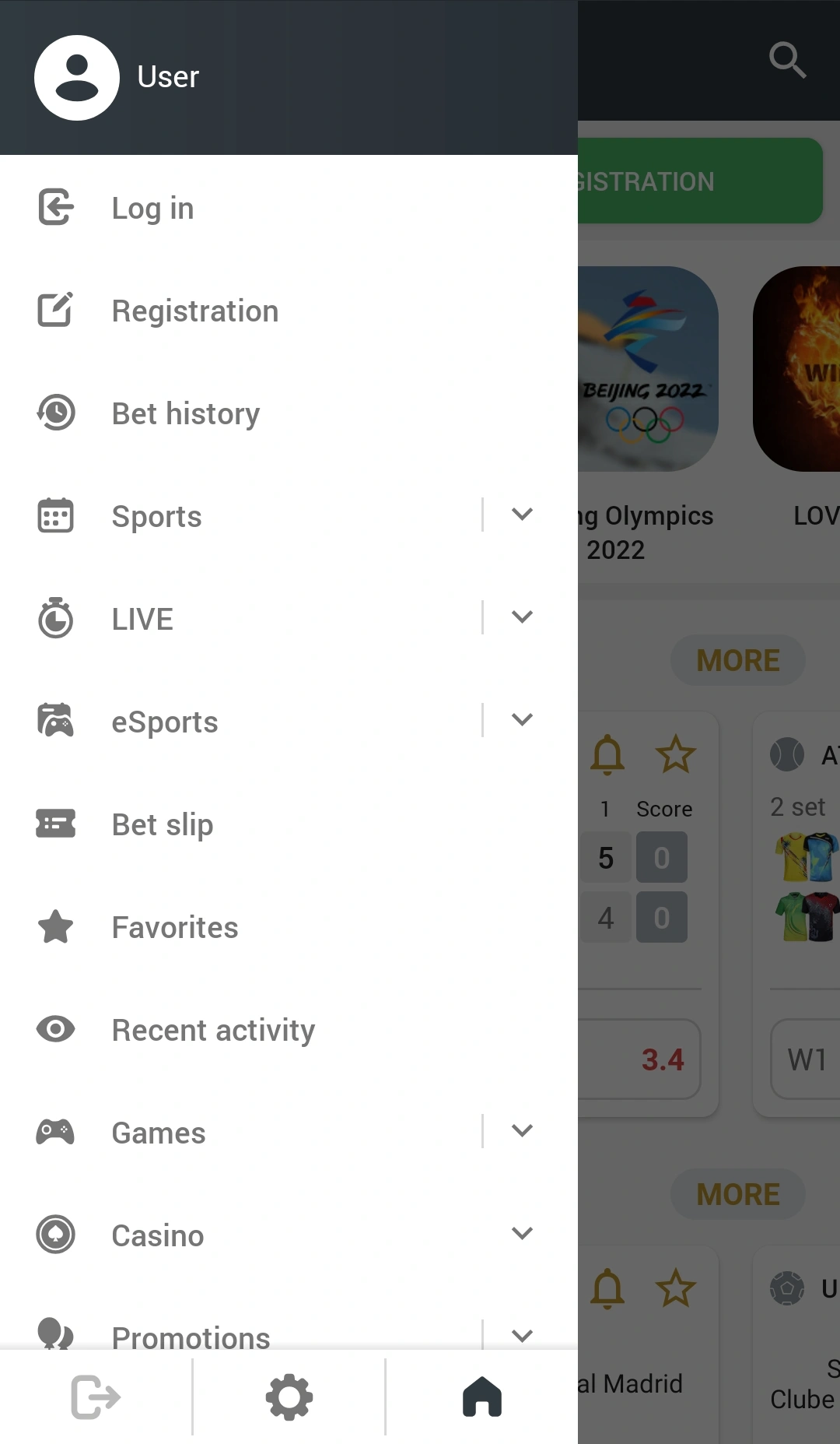 Menu and navigation in the Melbet app