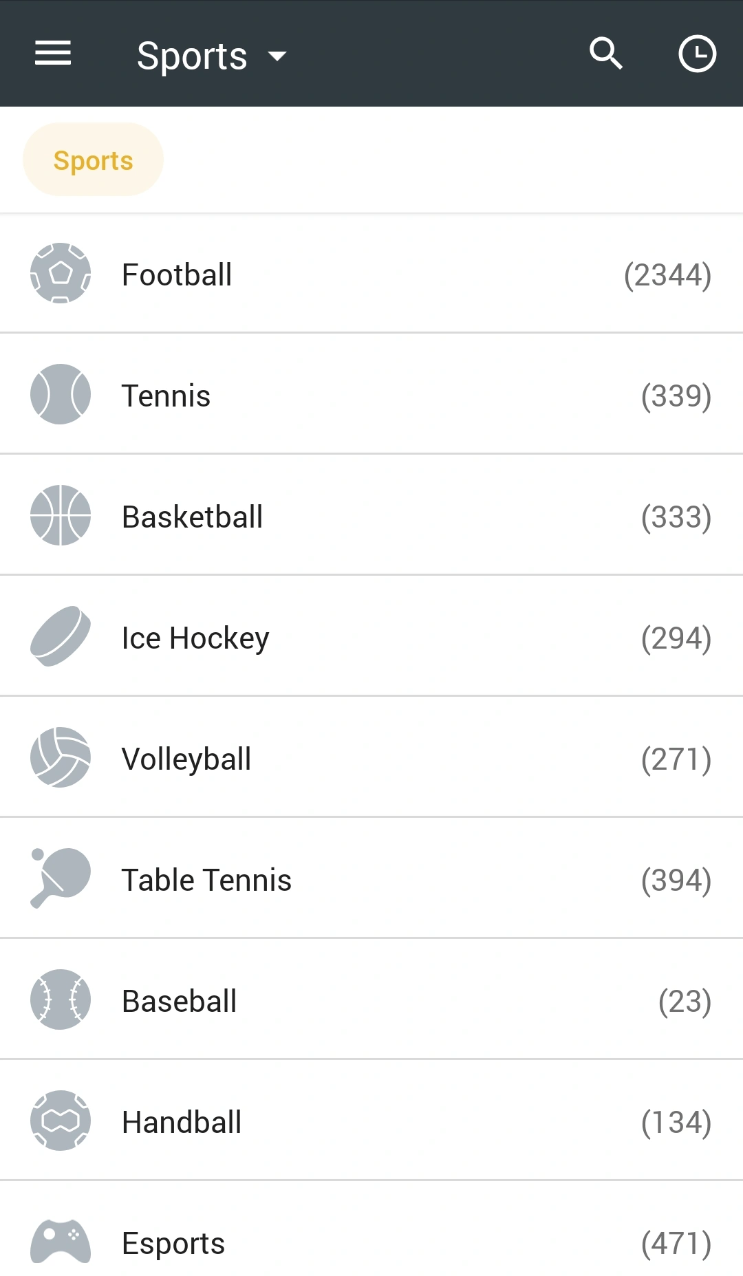 List of available sports categories in Melbet app