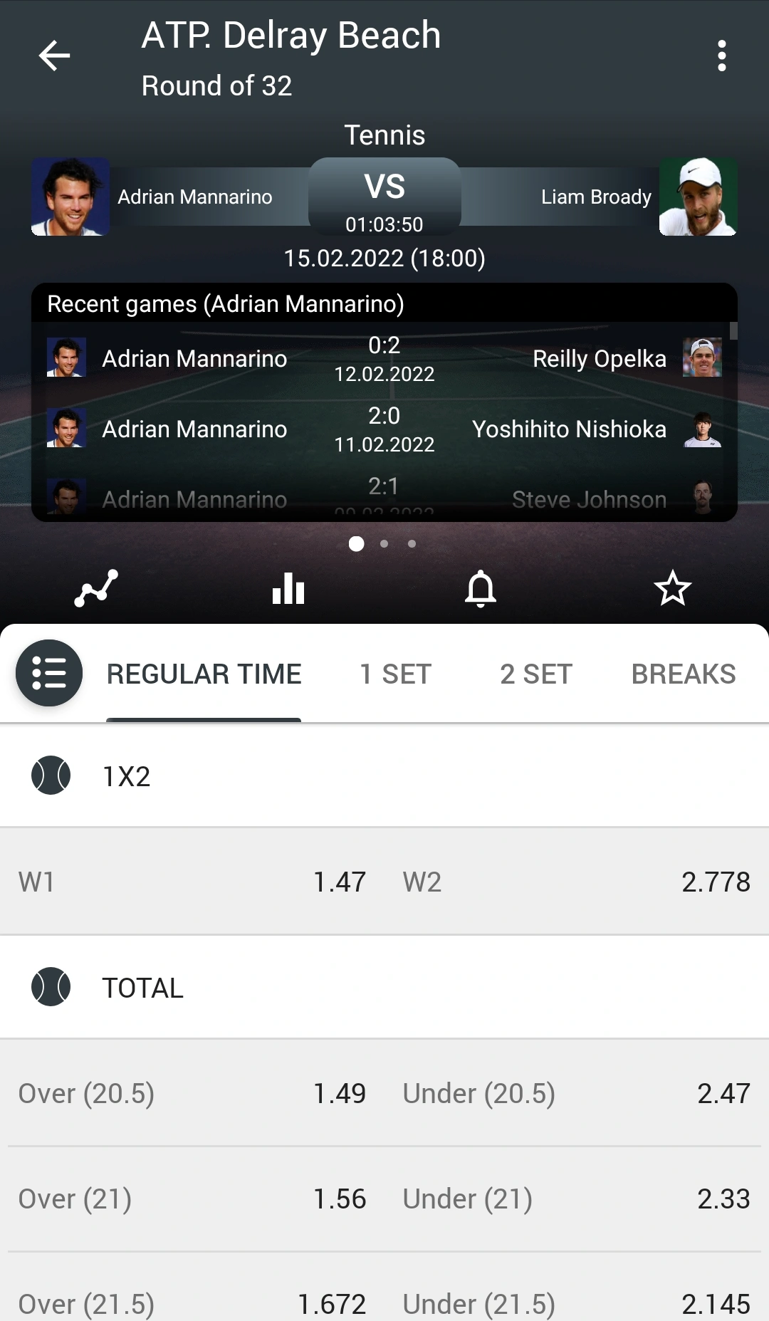 Selected match page in Melbet app