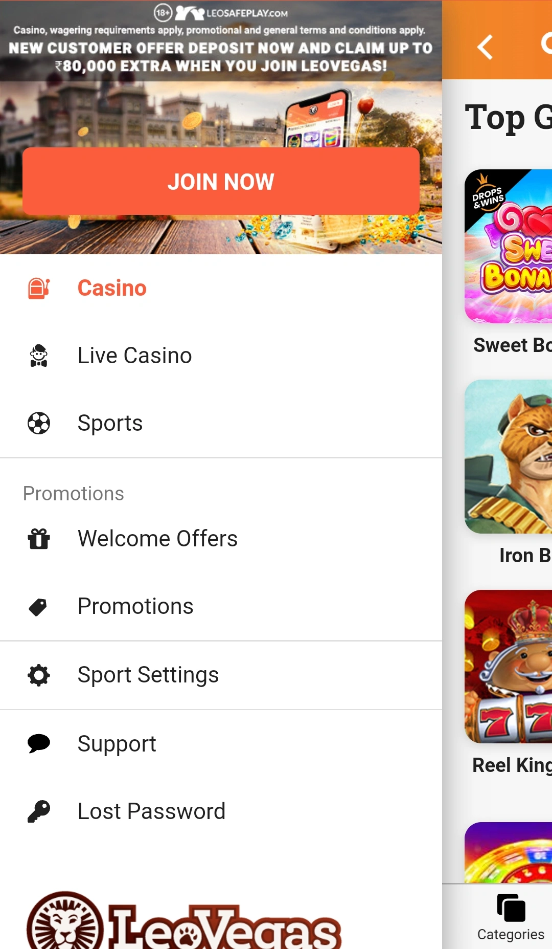 Main menu of the leovegas application