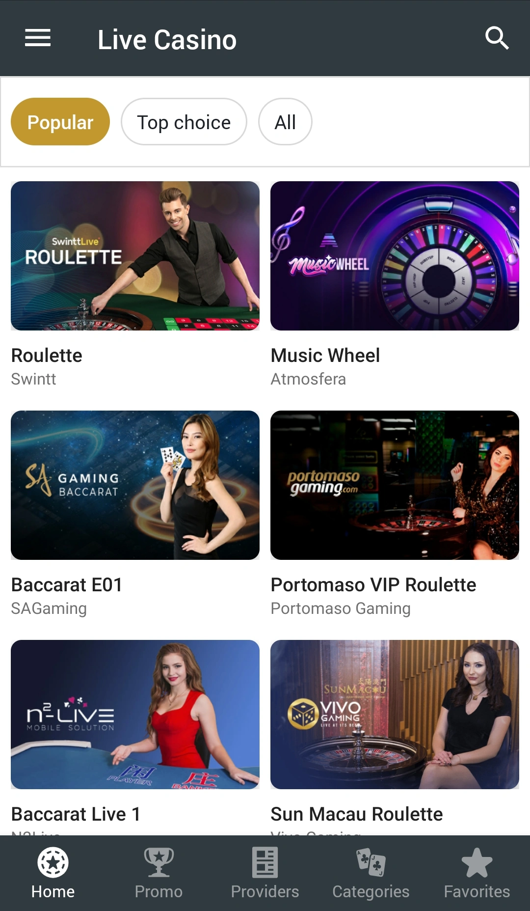 Online casino section in Melbet app