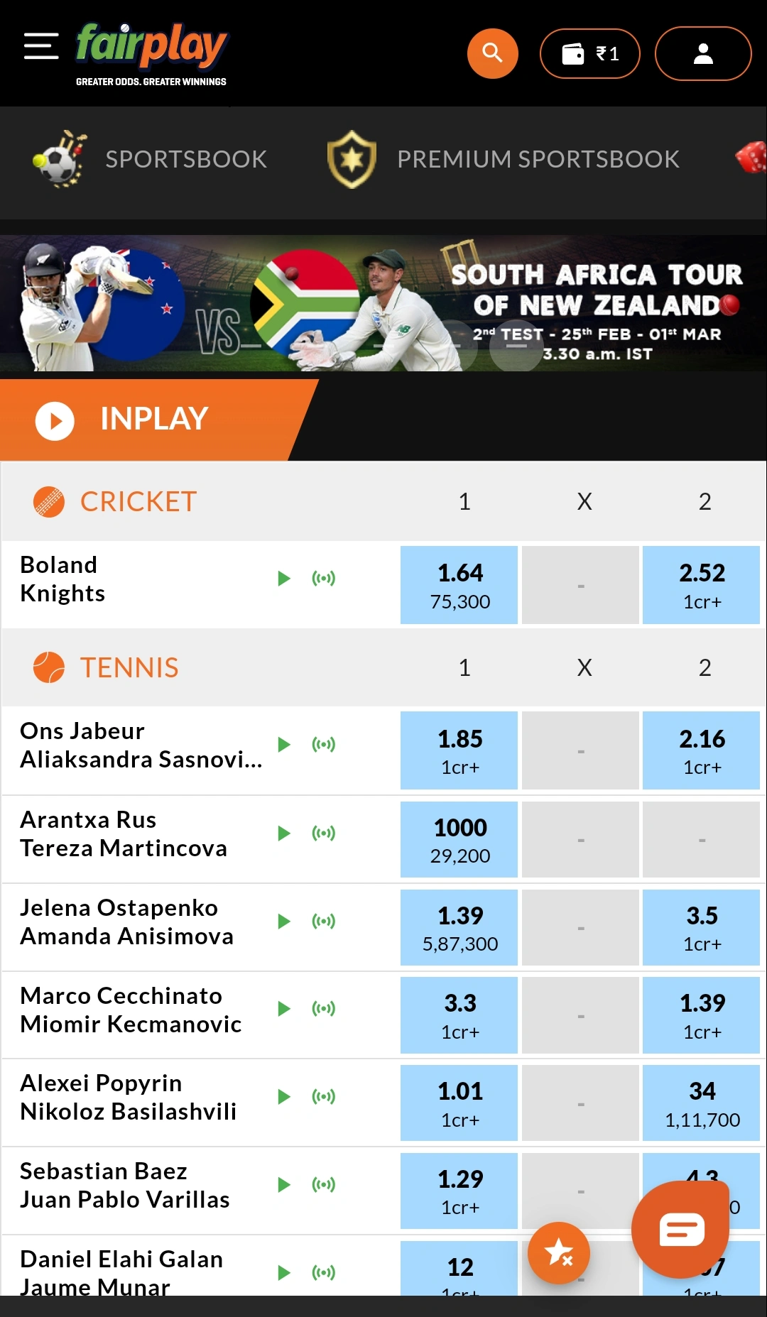 a tab with the matches that are taking place now