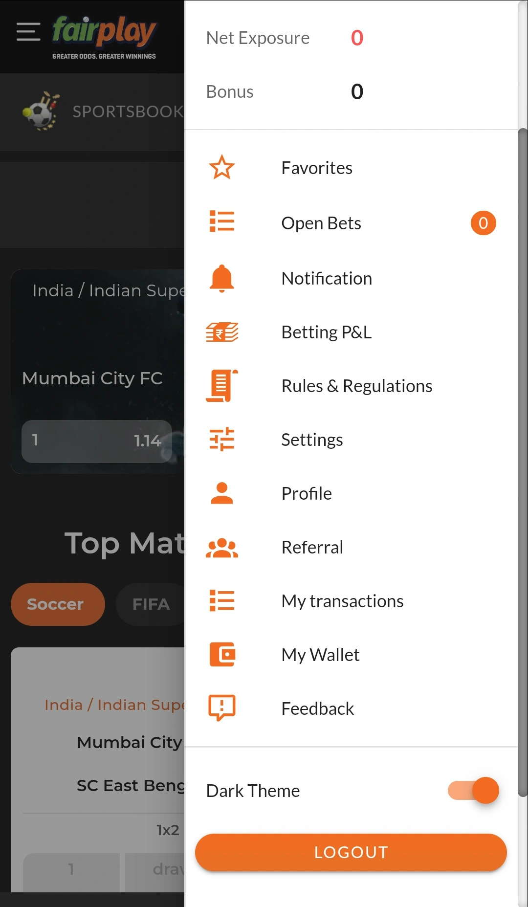 client menu in the fairplay app