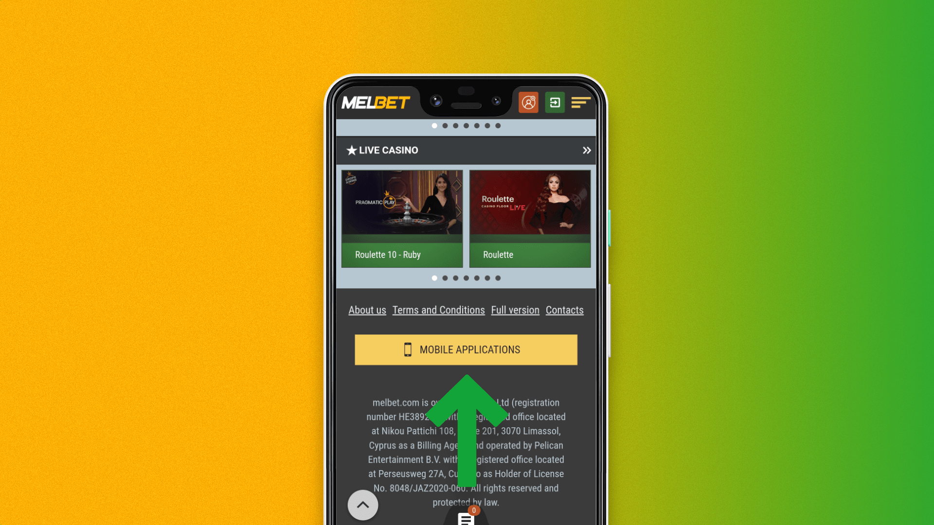 On the Melbet homepage, find the app button and press