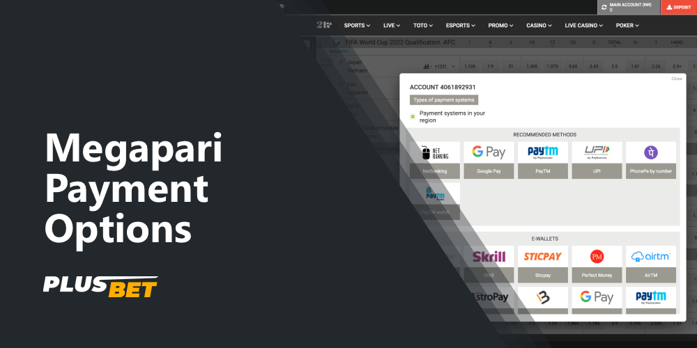 the list of available payment methods, as well as the minimum deposit and withdrawal amounts from megapari bookie