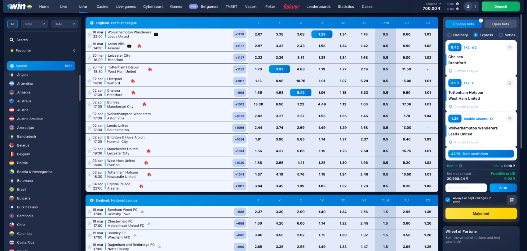 Selecting the match and betting odds