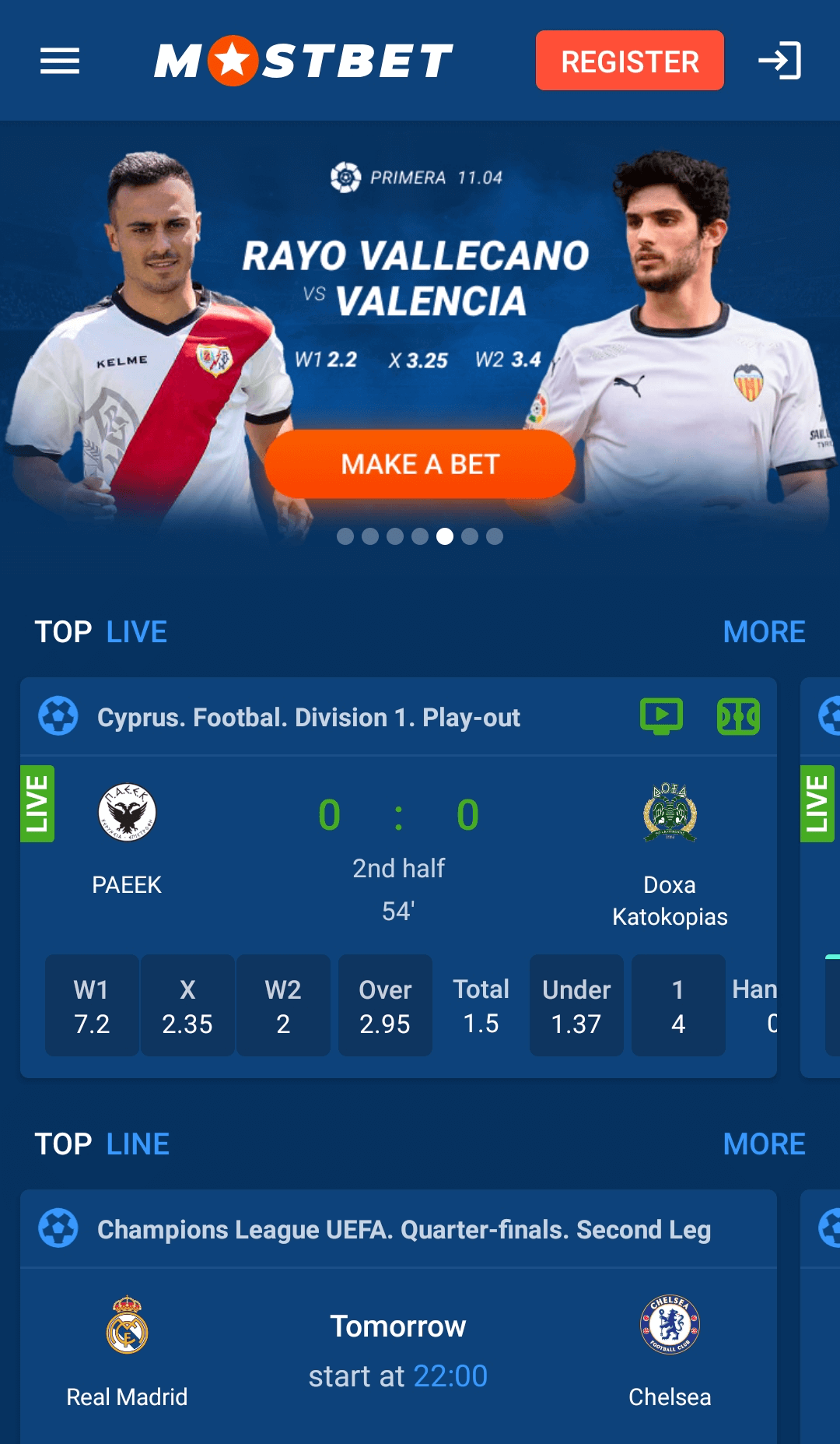 mostbet app home screen