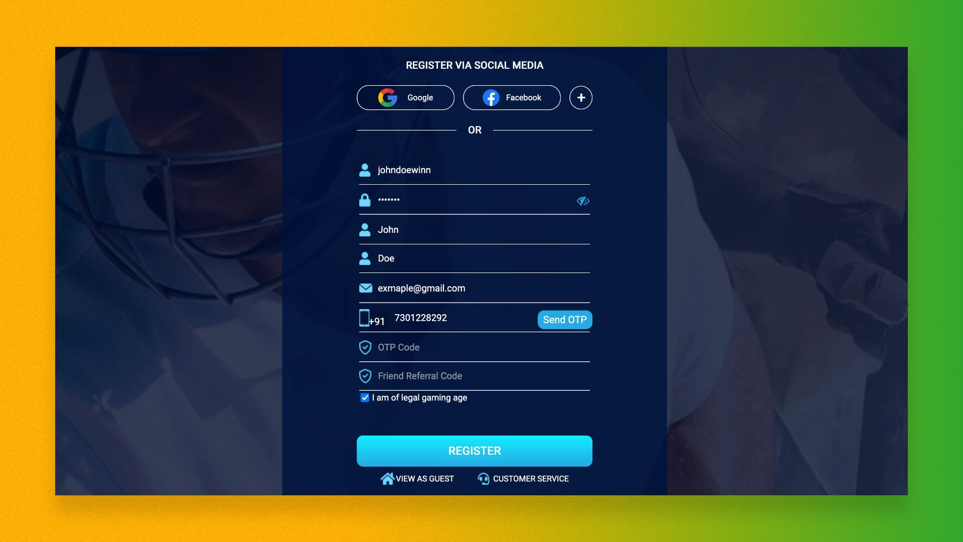 betting exchange registration form