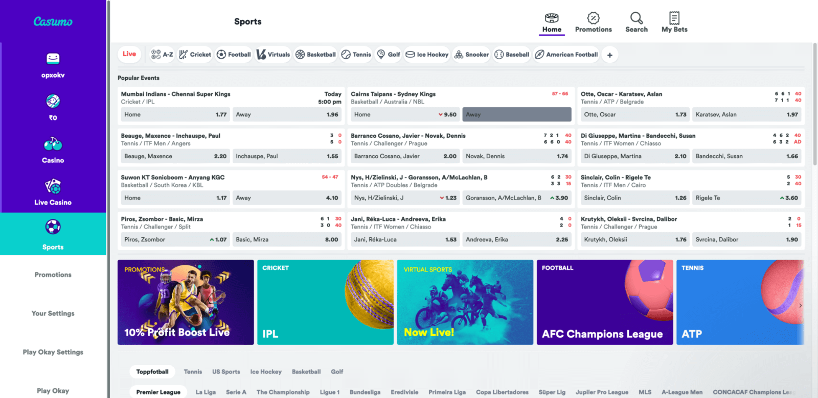 main page of Casumo betting platform