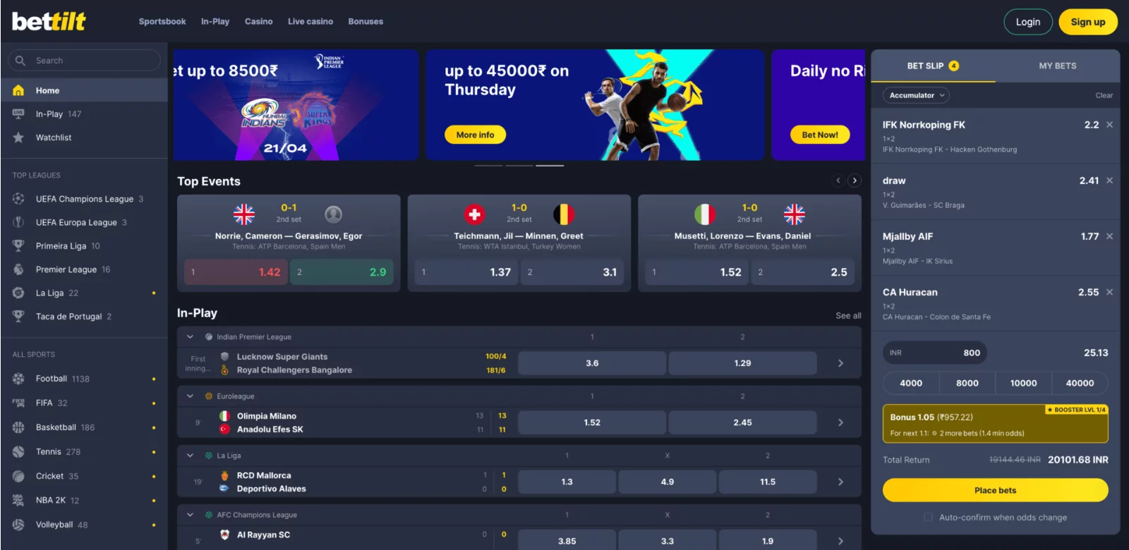 page with matches and sports disciplines on which you can bet