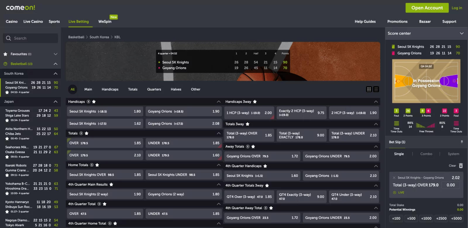 Betting and winning odds page