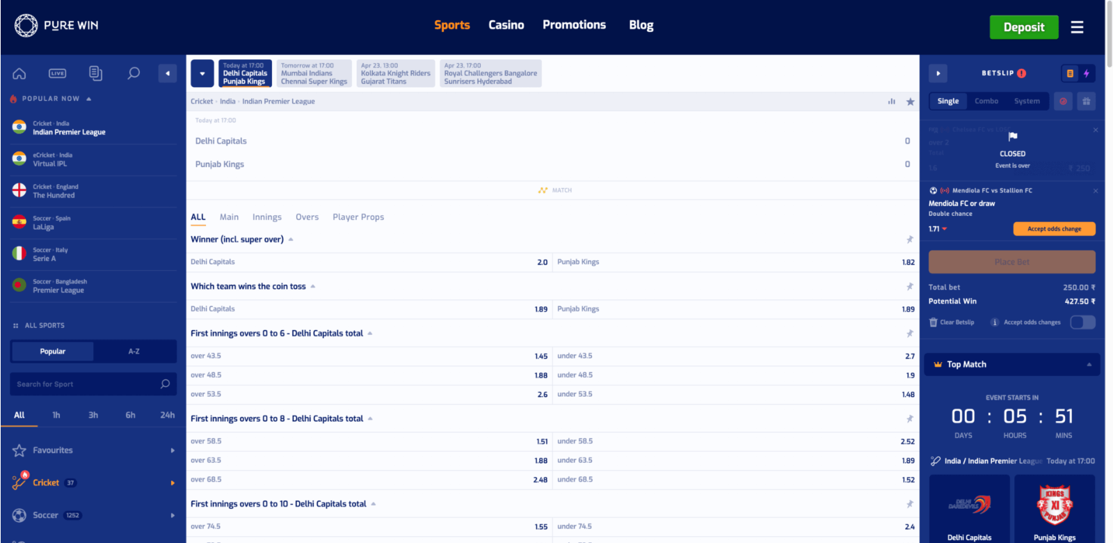 betting page and odds of the match