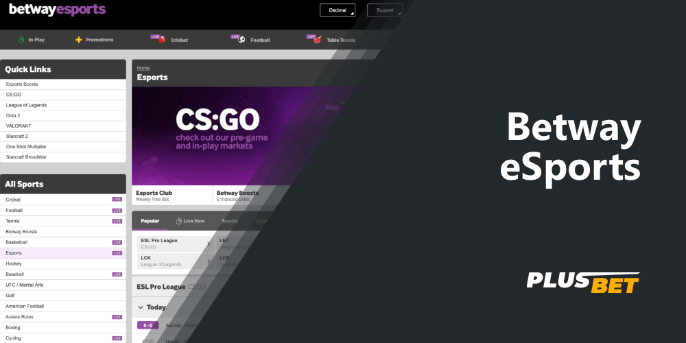 on the betway website and in the betway app you can bet on esport