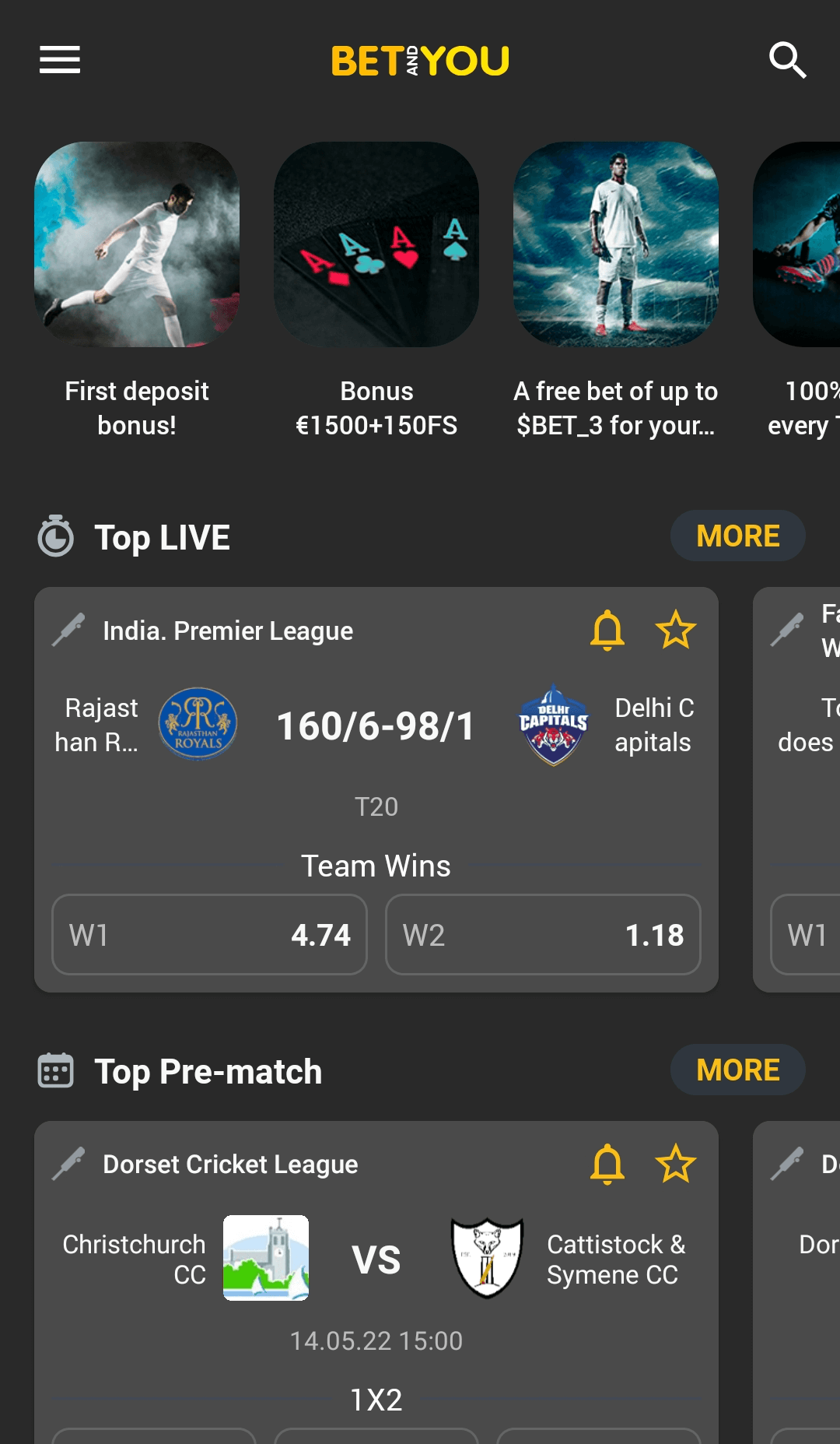 The main tab in the betAndYou app