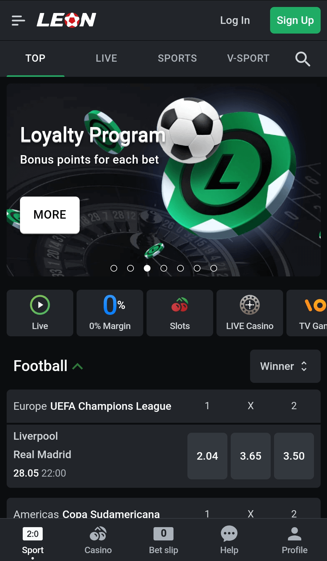 Main section of the Leon Bet mobile app