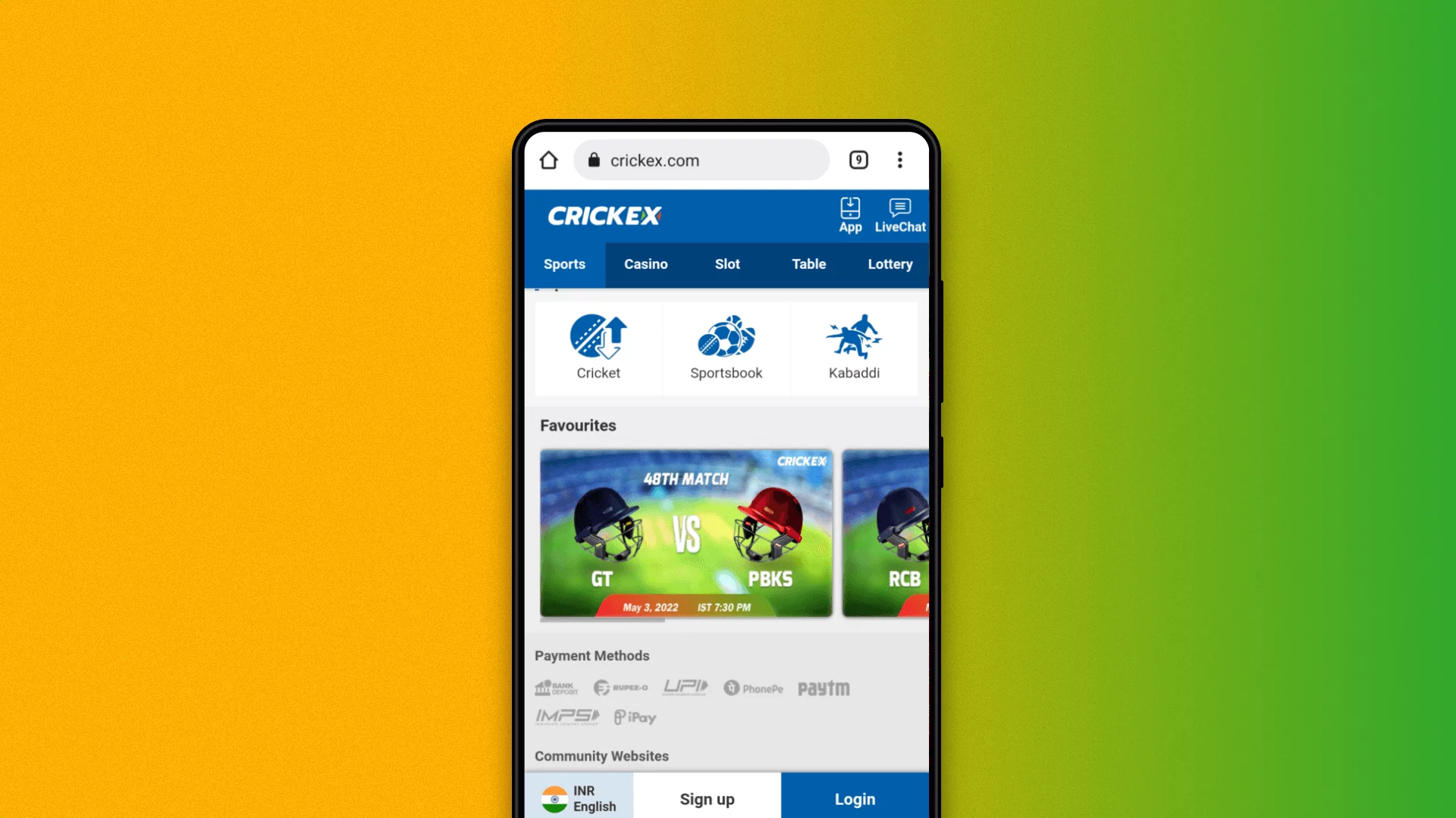 home page of crickex mobile website
