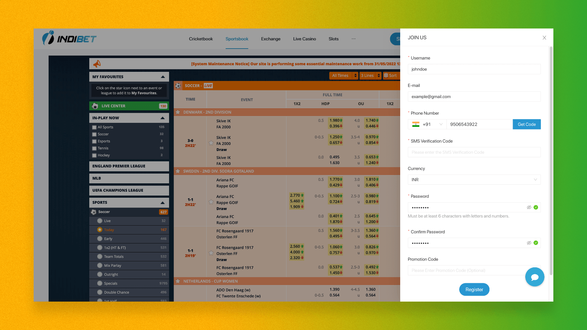 New account registration form on the Indibet betting company website