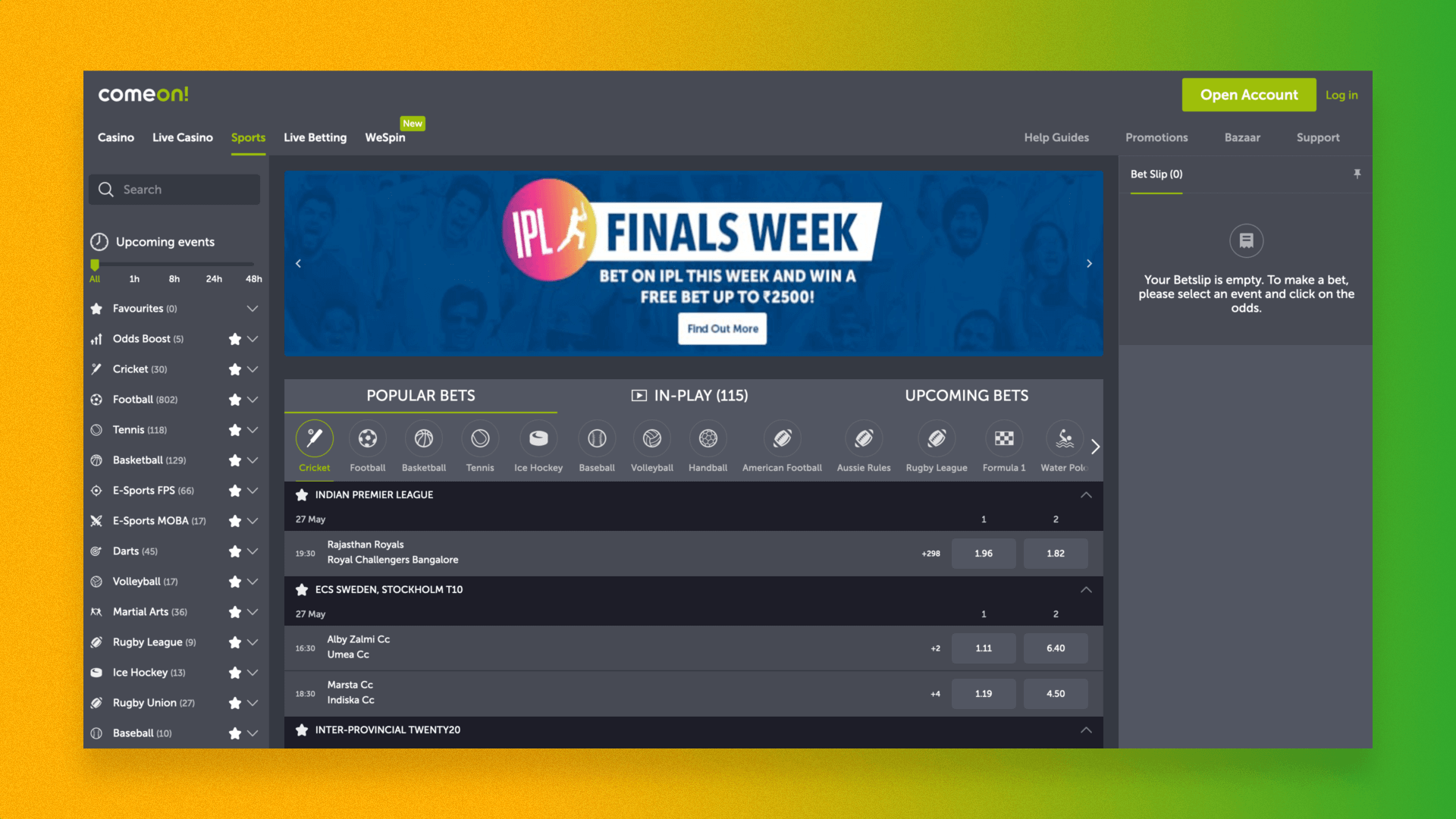 Home page of the ComeOn betting company website