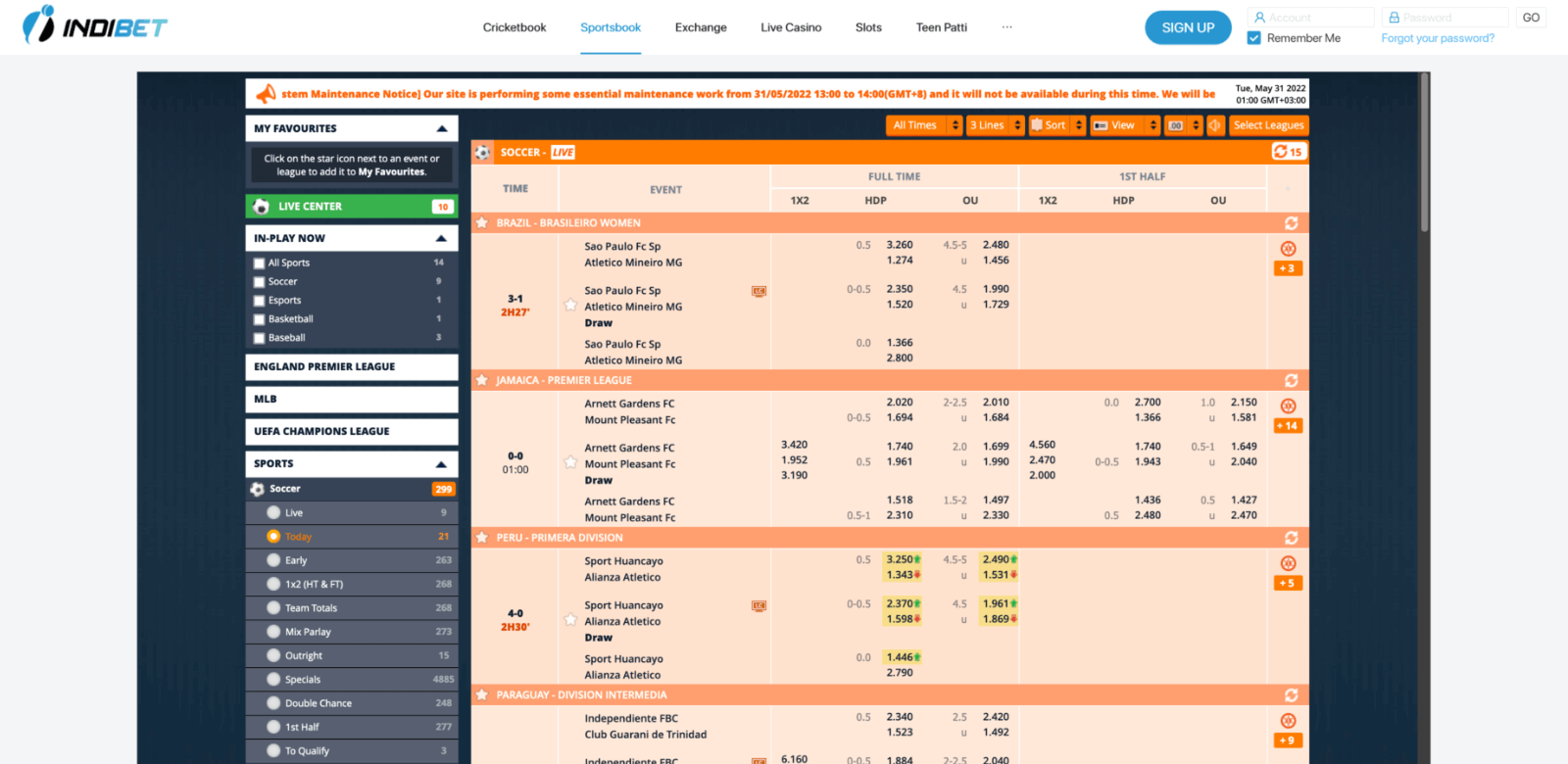 Indibet sportsbook page