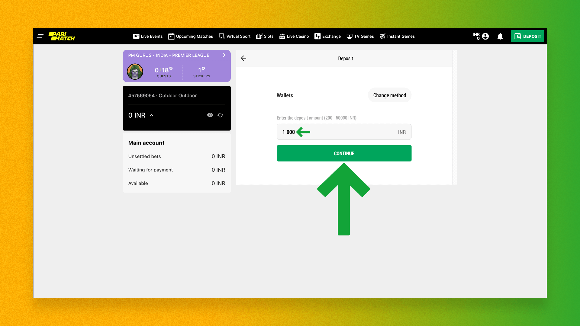 Making a deposit to an account on the Parimatch sports betting platform