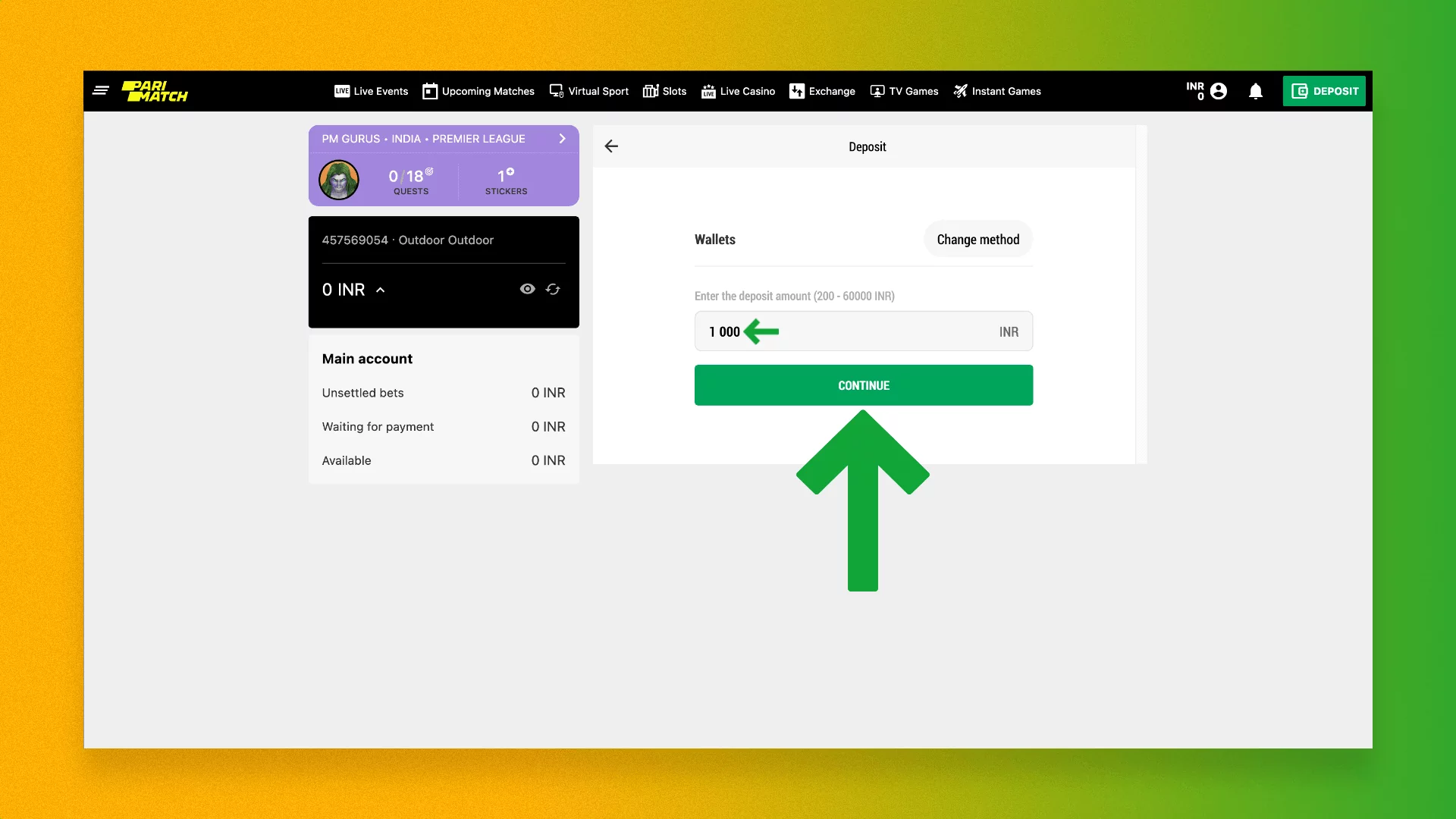 Making a deposit to an account on the Parimatch sports betting platform