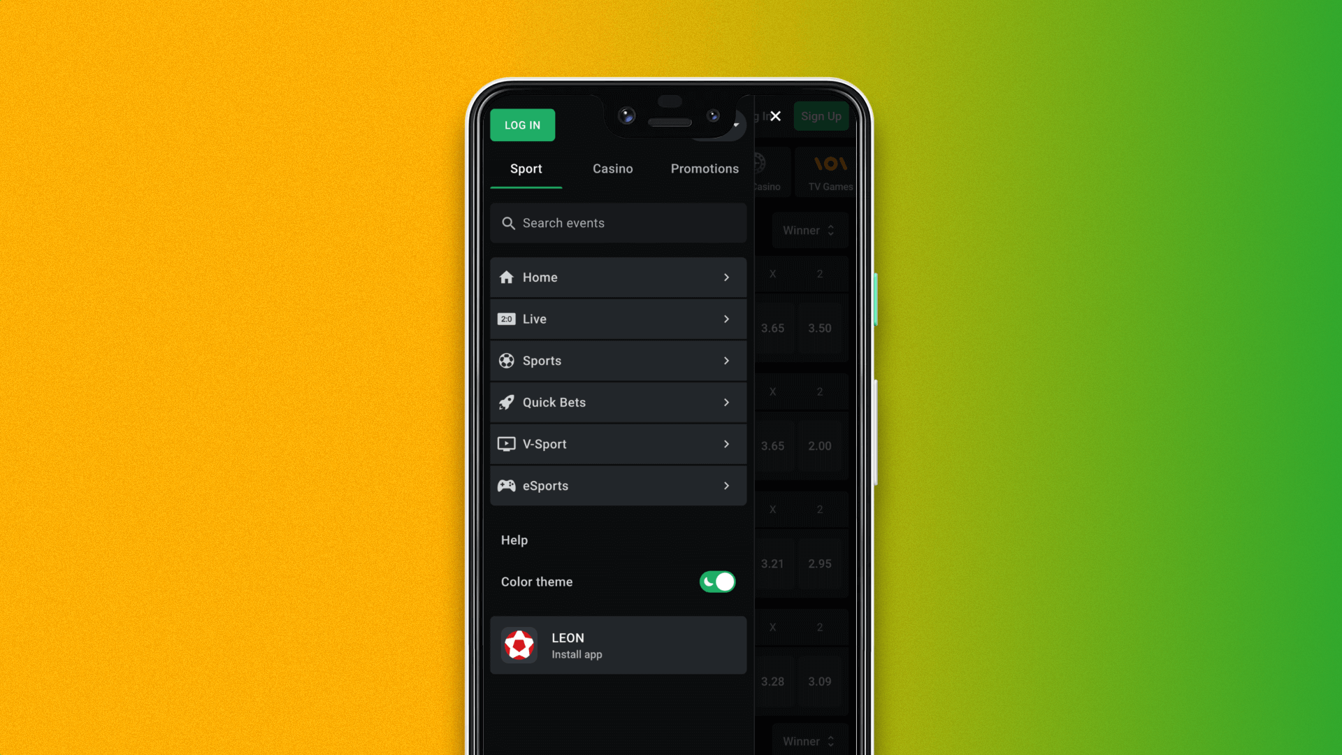 Navigation menu of the mobile version of the Leon Bet website