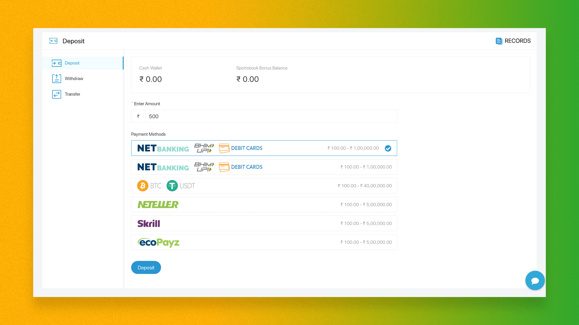 Deposit process on the Indibet sports betting platform