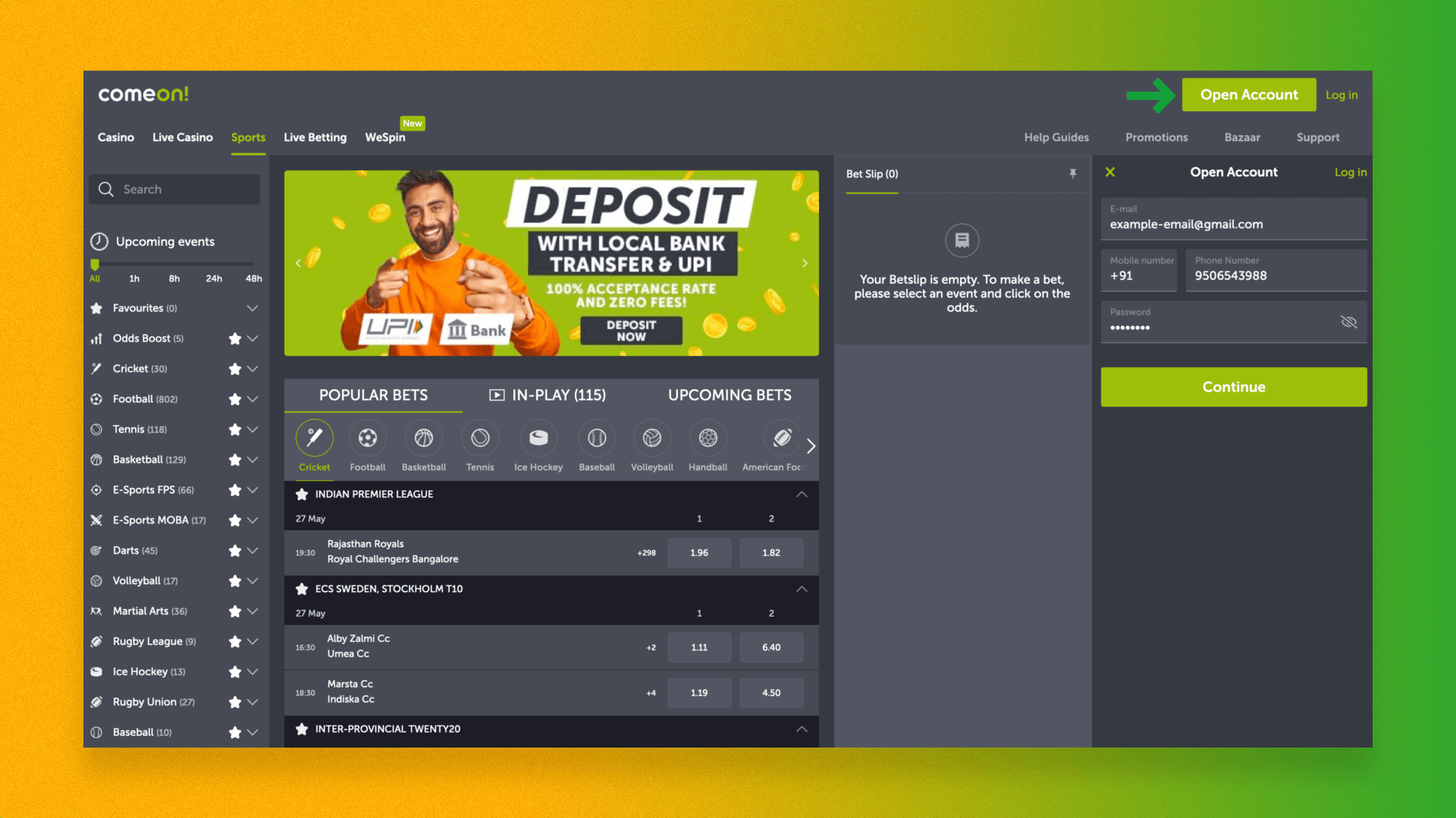 Create new account button on the ComeOn platform