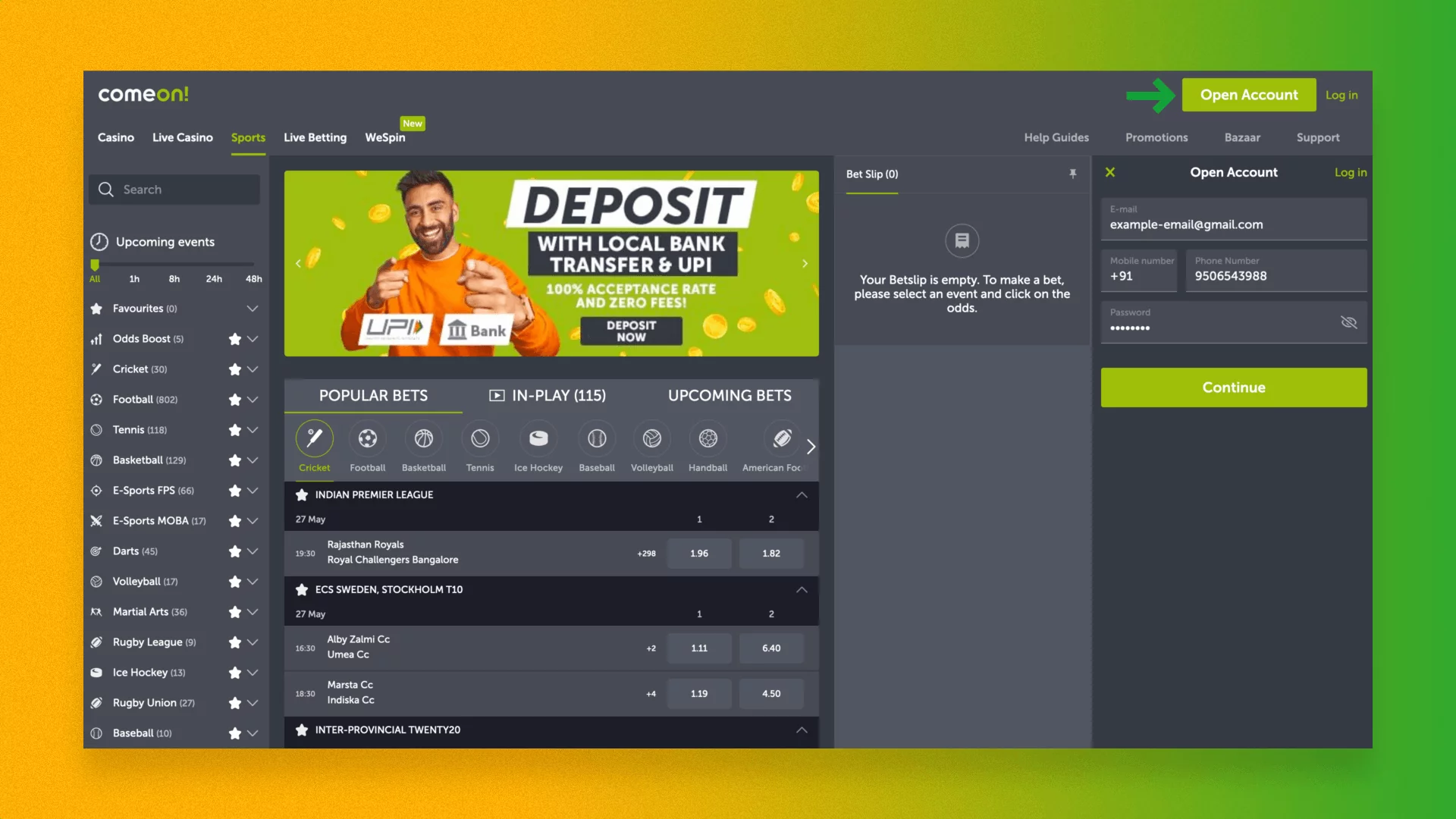Create new account button on the ComeOn platform