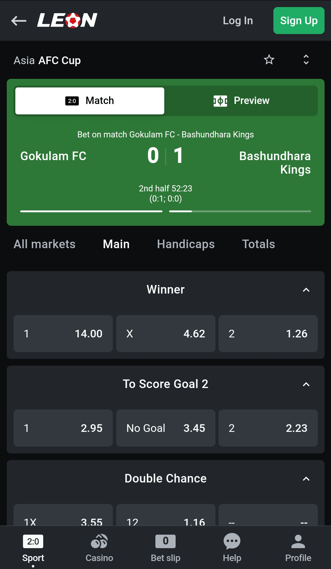 Betting and odds section in the Leon Bet app