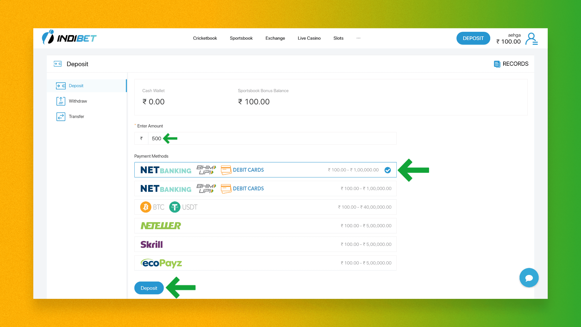 Deposit amount and payment method selection