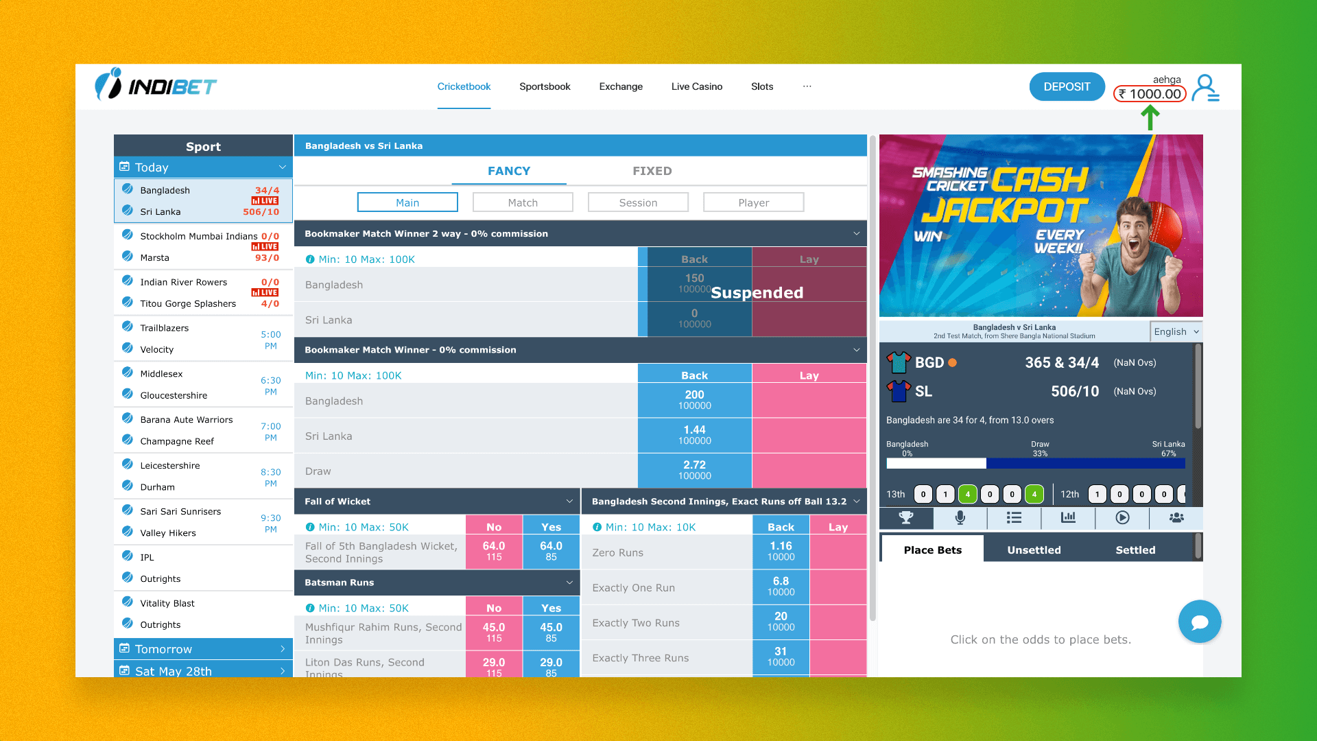 Current balance of the user on the Indibet website