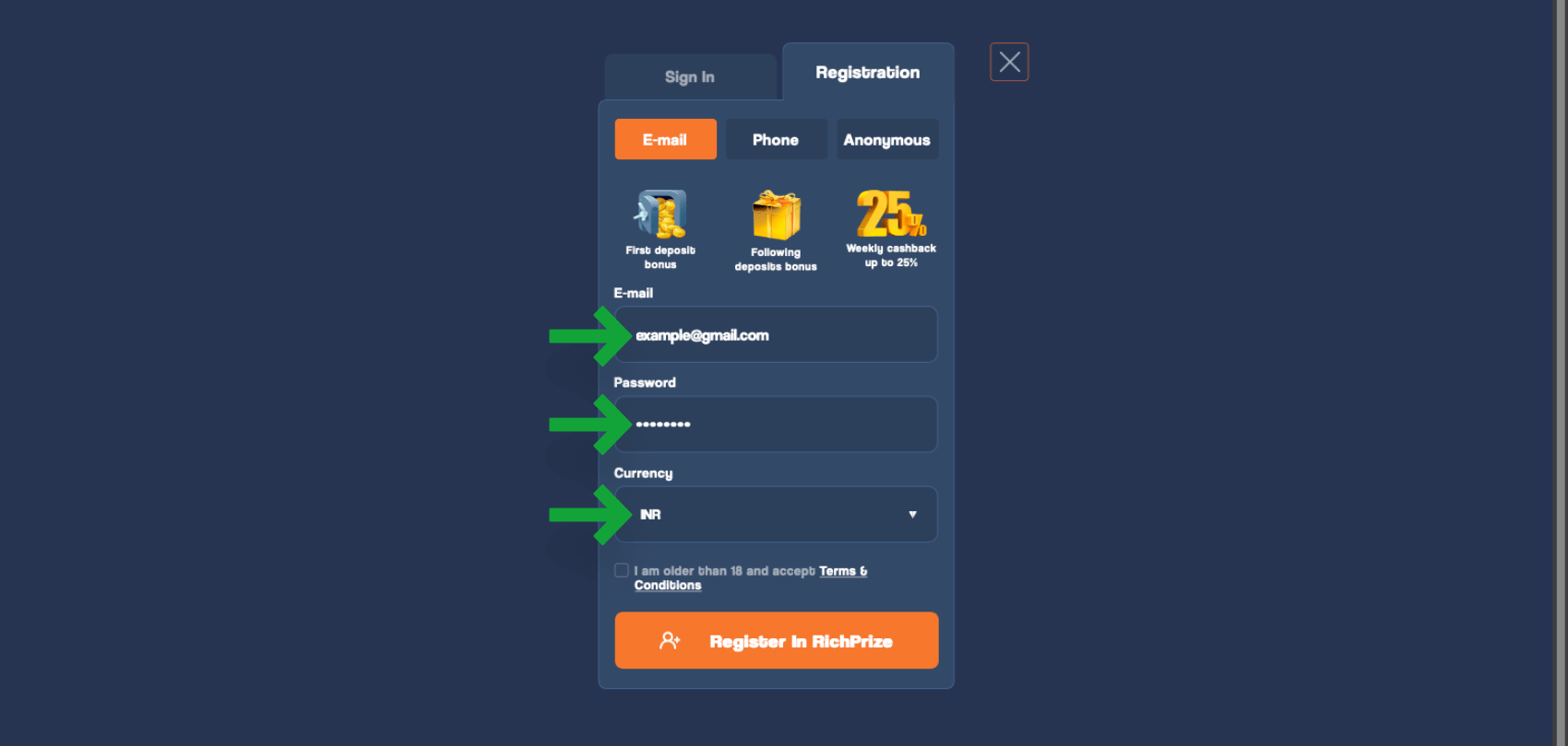 Richprize website registration form