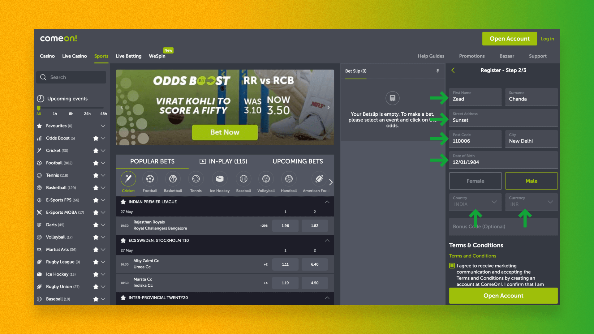 New customer registration form in ComeOn