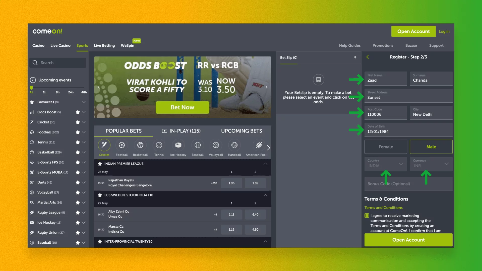 New customer registration form in ComeOn
