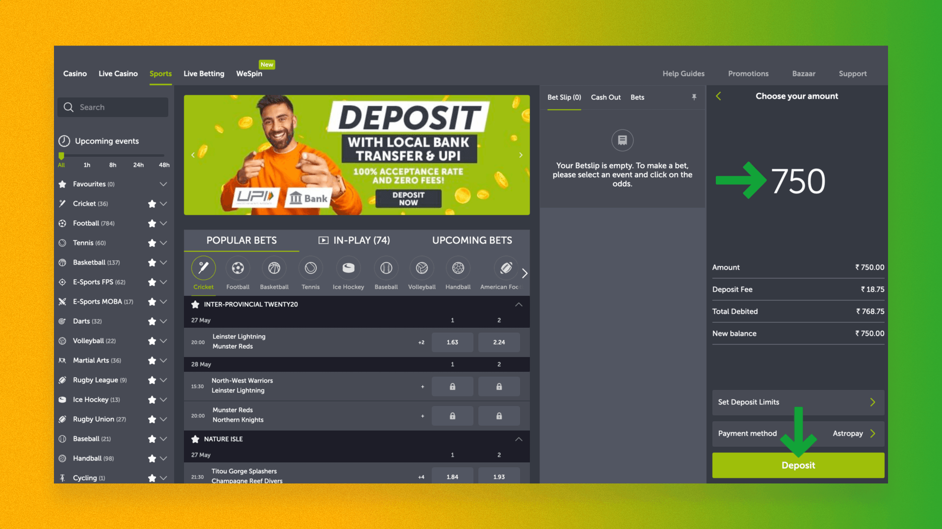 Deposit amount on ComeOn