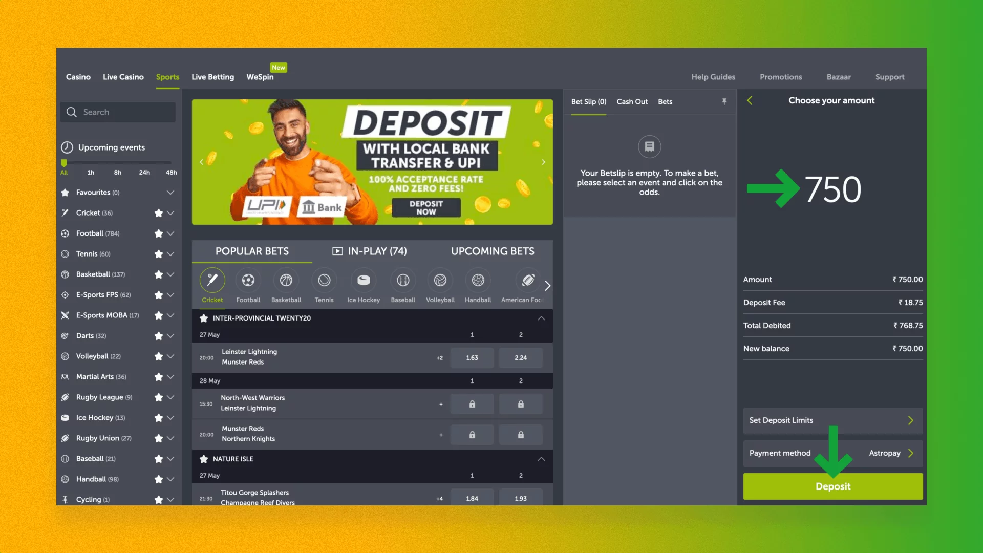 Deposit amount on ComeOn