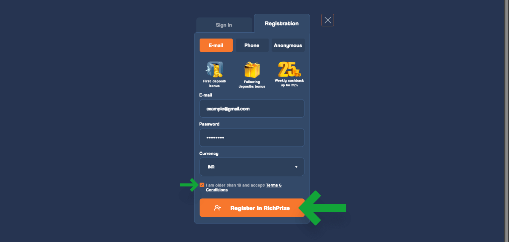 Completing registration on the Richprize platform for casino games and sports betting