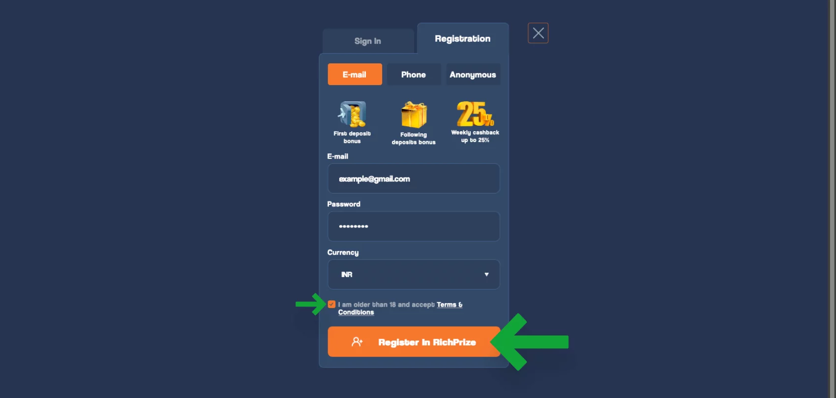 Completing registration on the Richprize platform for casino games and sports betting