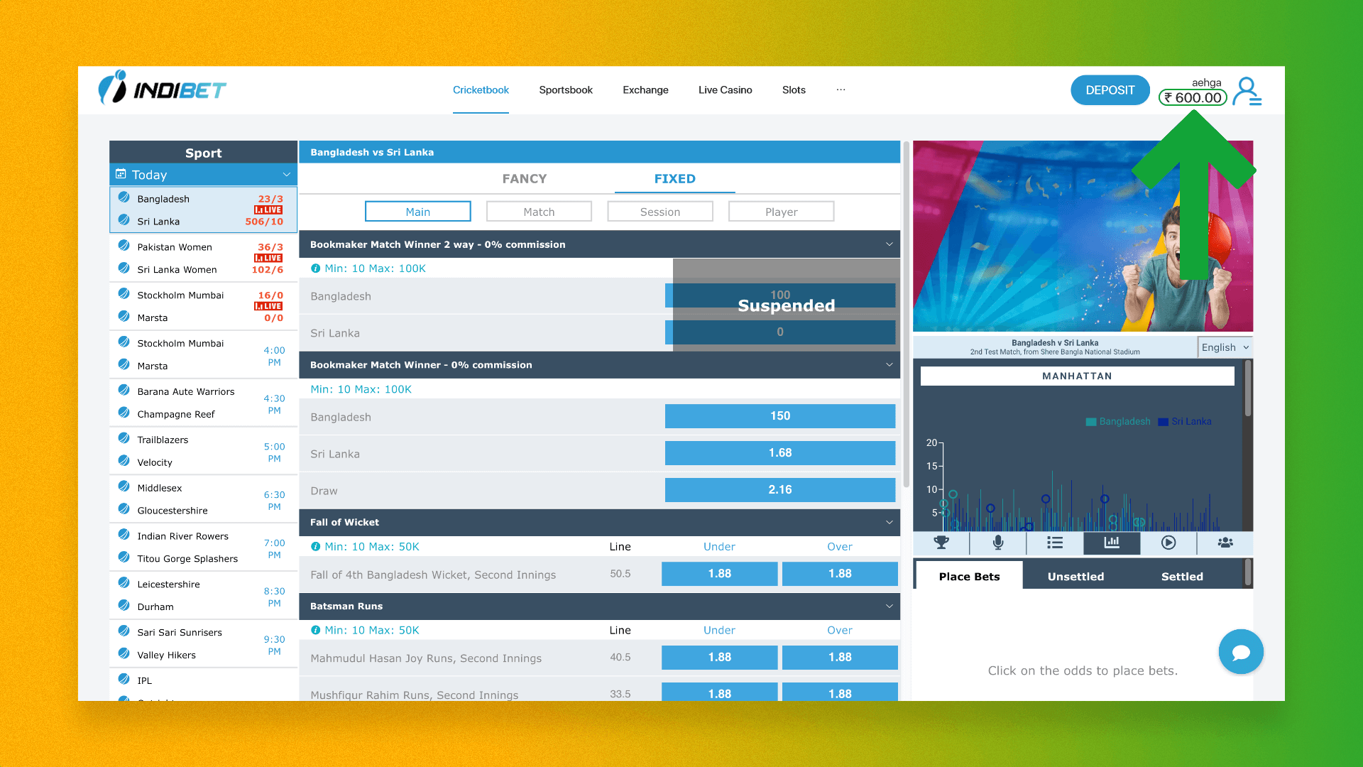 The current balance of the Indibet client on the home page