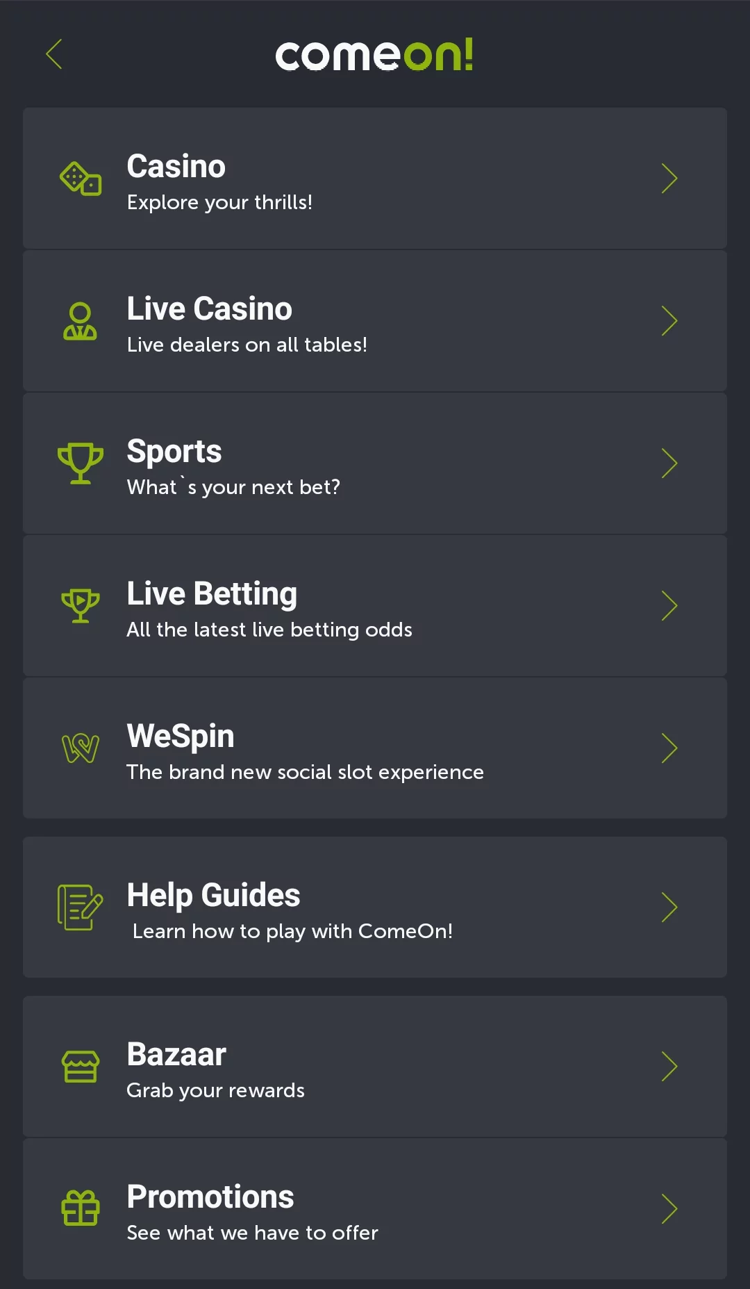 Main menu and navigation in the mobile sports betting app ComeOn!