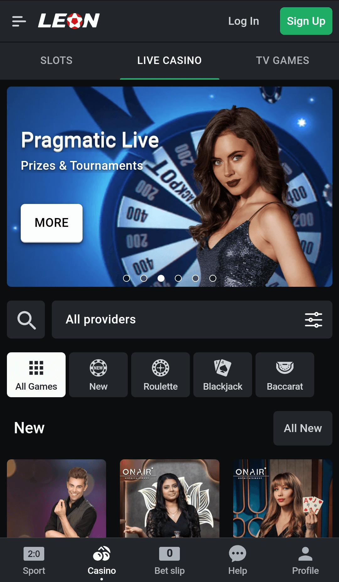 Live casino in the mobile app Leon Bet