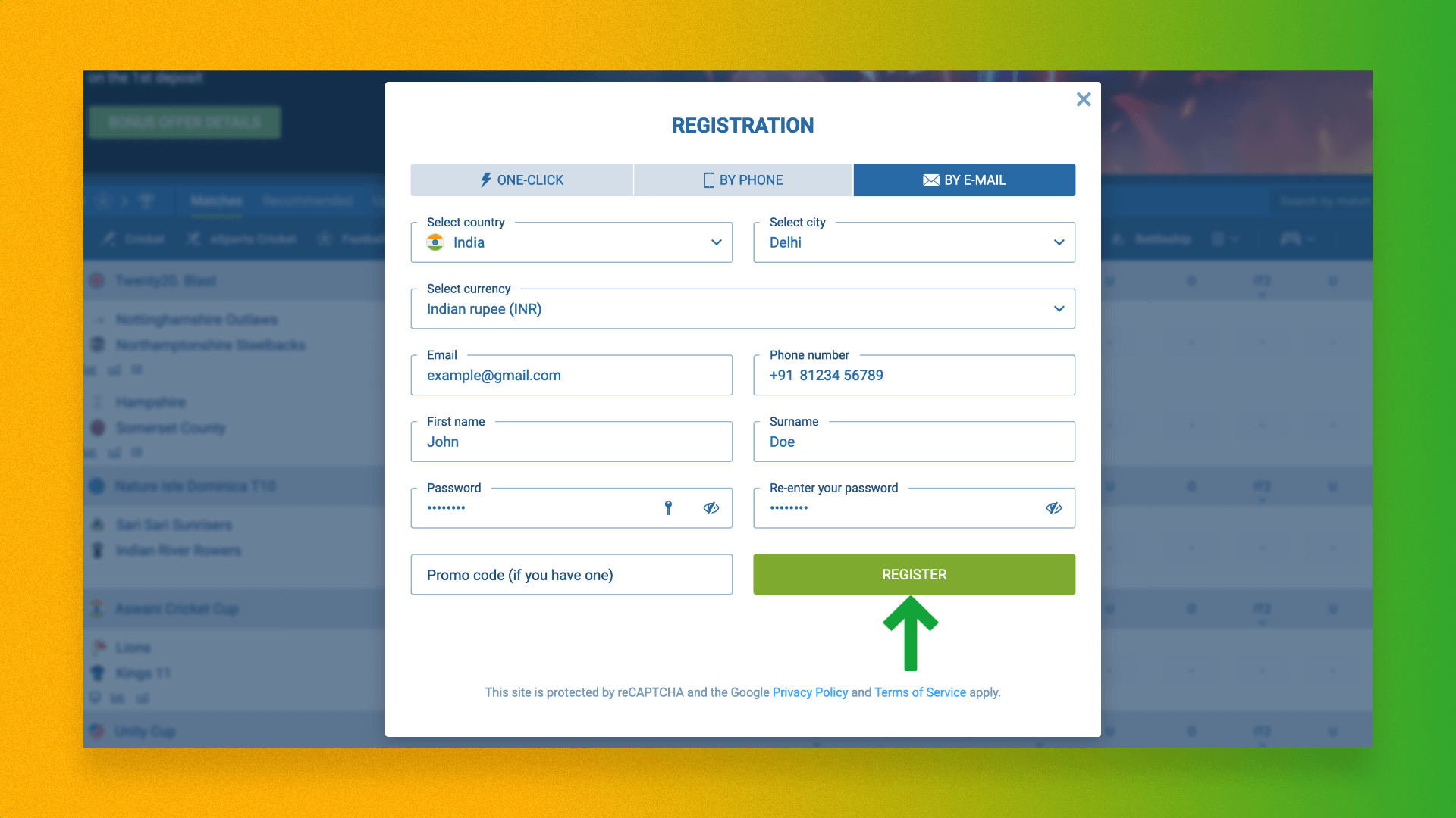 Registration form on the site of a betting company for soccer betting