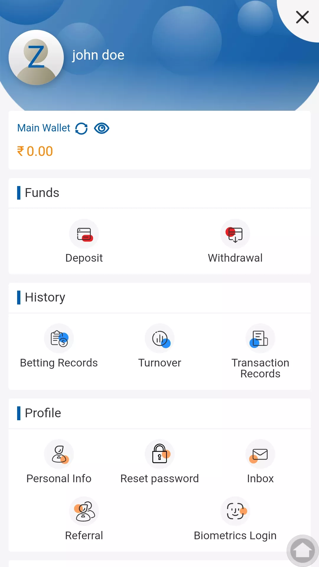 Personal account in the Crickex mobile app
