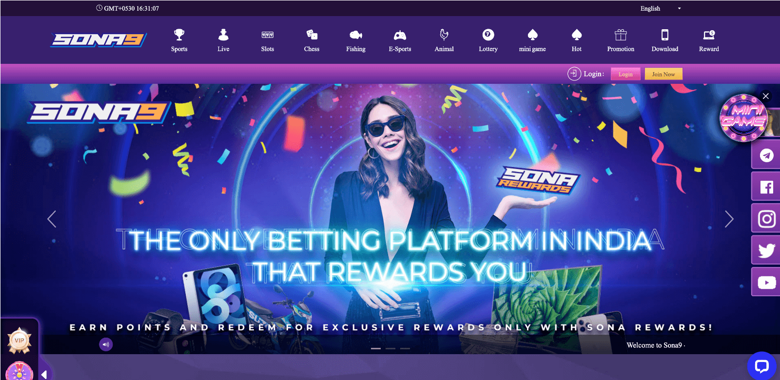 Homepage of Sona9 betting company for sports betting