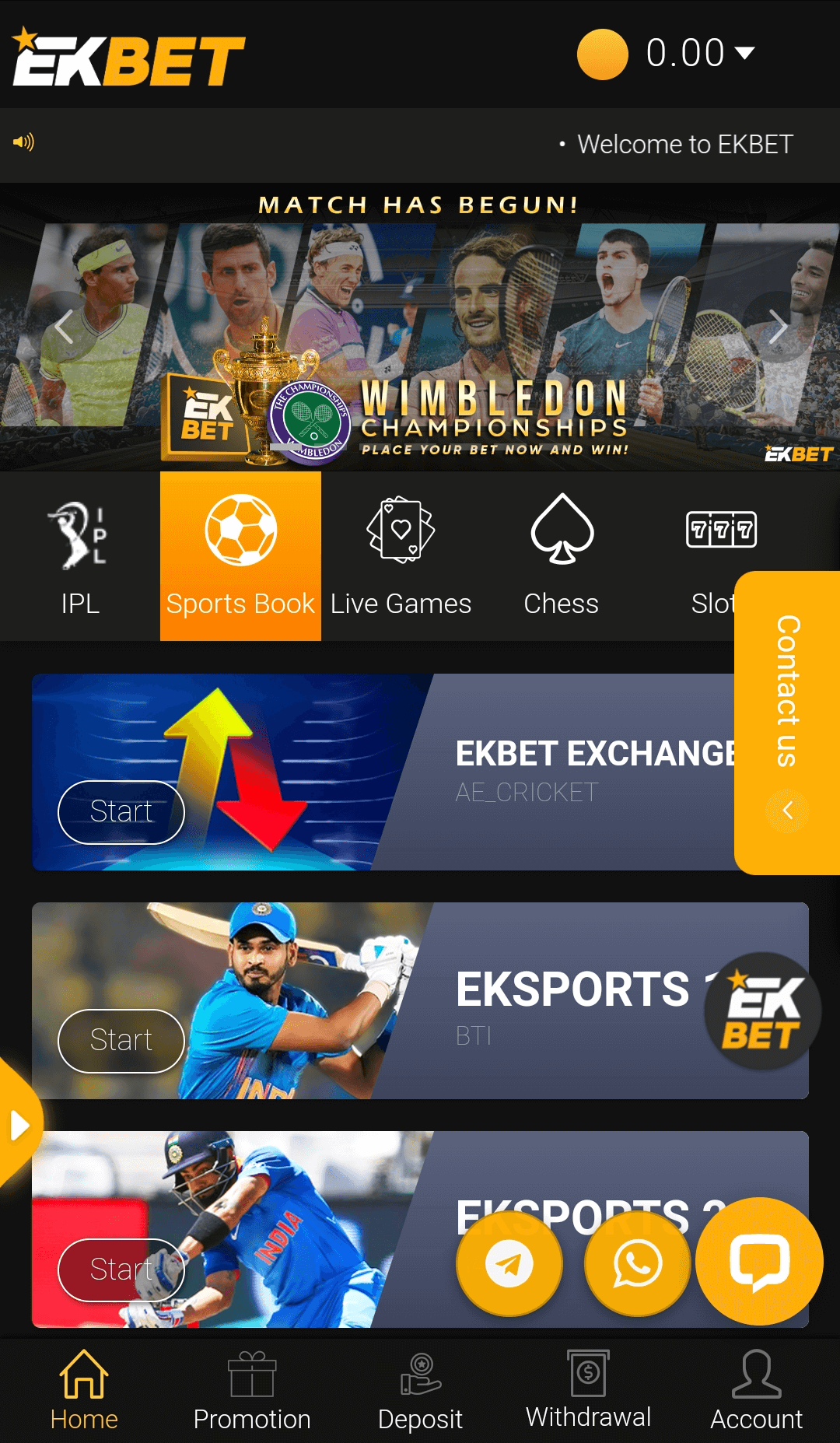 Main tab in the Ekbet app